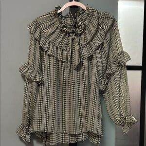Cupio Plaid Ruffle Blouse - Black and Cream